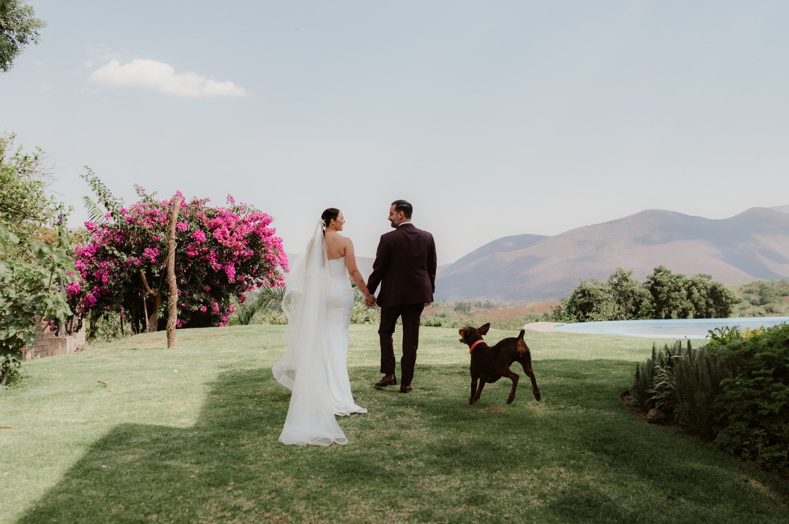 Una pareja celebra su boda junto a su perro, entre flores y montañas